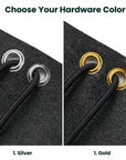 Close-up comparison of black drawstrings threaded through metal grommets, labeled 'Choose Your Hardware Color' with options '1. Silver' and '1.