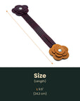 A dark brown fabric headband with brown and purple fabric flower embellishments, shown with a size indicator arrow and text stating 'Size (Length) L 9.5" (24.