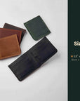 Four leather bifold wallets in brown, tan, green, and black are arranged on a light gray background with a dark green text panel on the right showing size information.