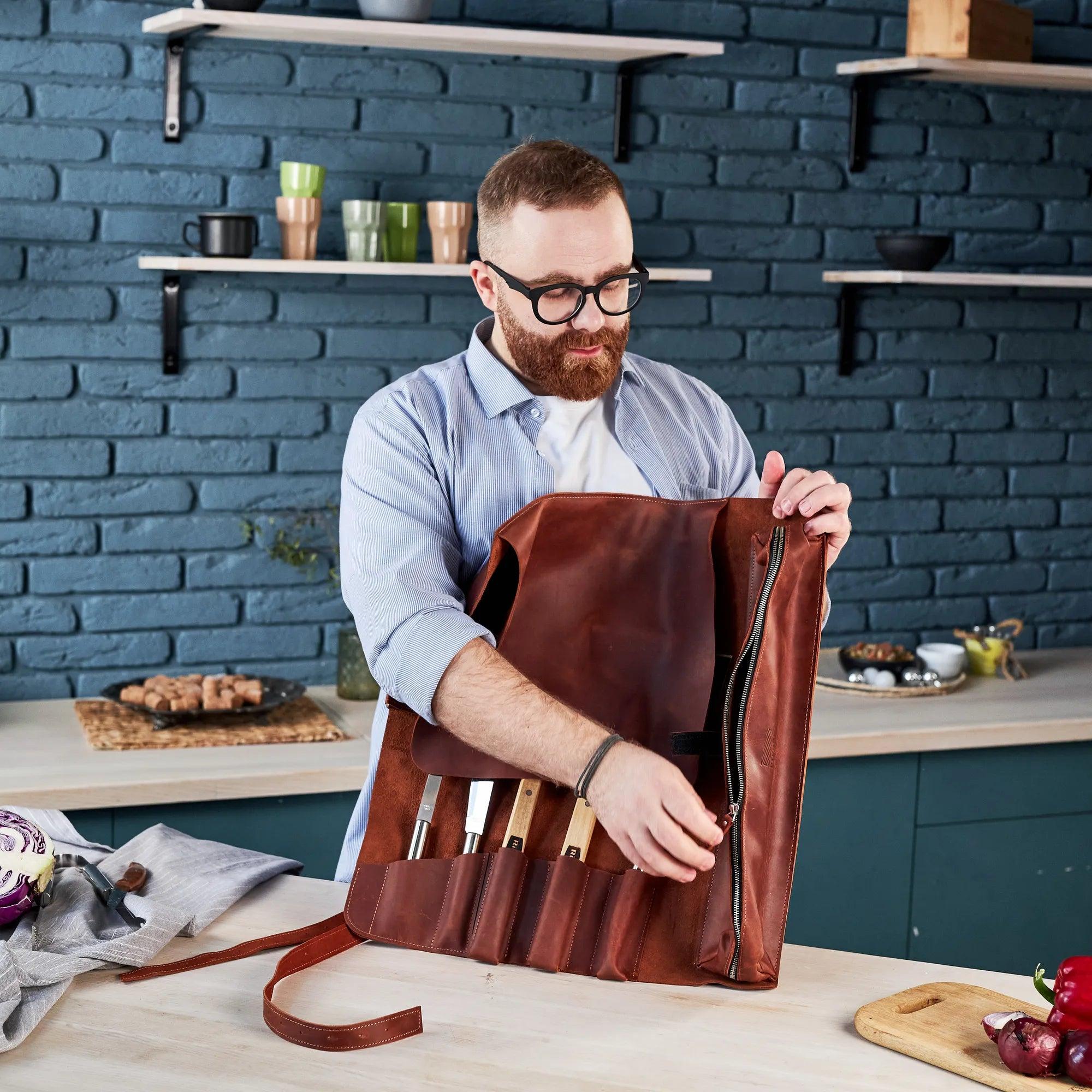 Leather BBQ Knife Roll Bag (6 slots)