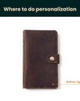 Brown leather notebook with a button closure on a white background, labeled 'Where to do personalization'.