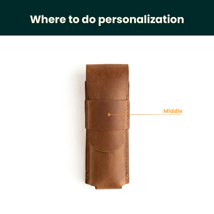 Brown leather pouch with a dot and text indicating 'Middle' on a white background.