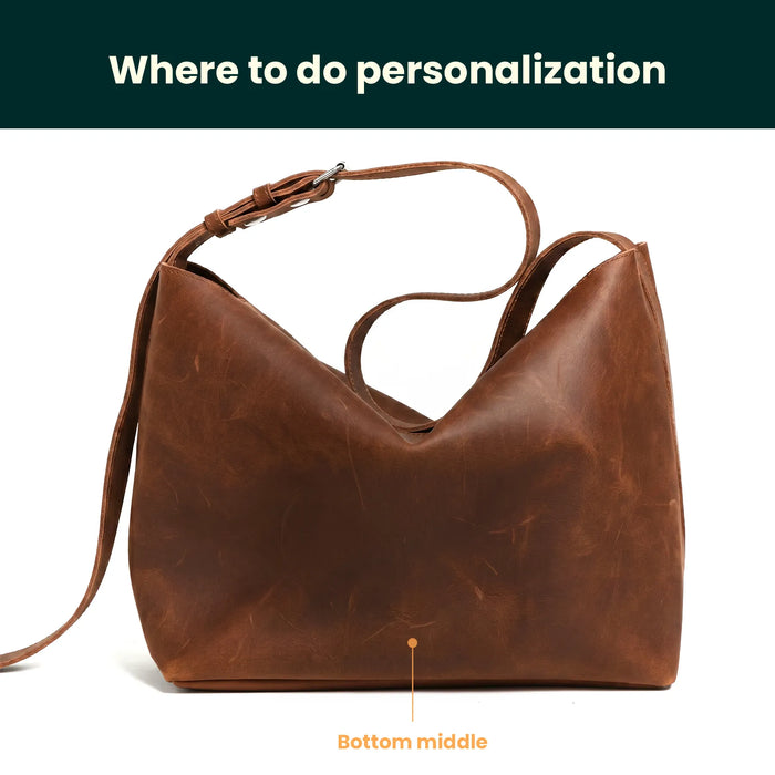 Brown leather handbag with a focus on personalization points on a white background