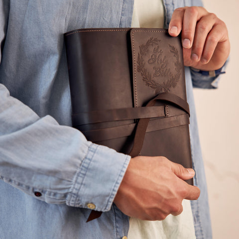 bible in leather cover with ties in brown color with personaliztion