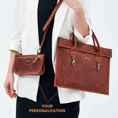 Laptop Bag with Small Pouch Set — Premium Personalized Handmade Leather Laptop Bag | Pikore