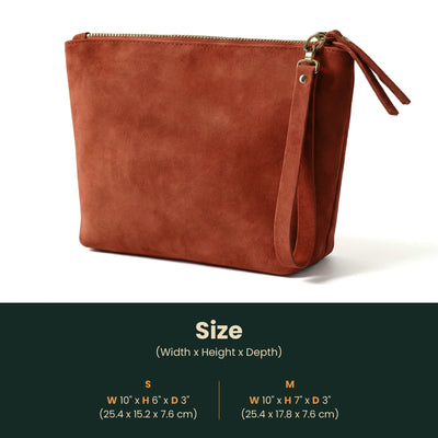 Brown suede clutch bag with size chart on a white background