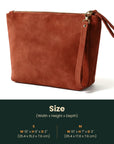 Brown suede clutch bag with size chart on a white background