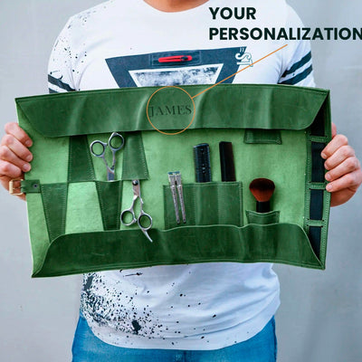Green makeup organizer with tools held by a person wearing a white shirt with black splatter design.