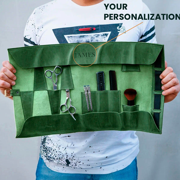 Green makeup organizer with tools held by a person wearing a white shirt with black splatter design.