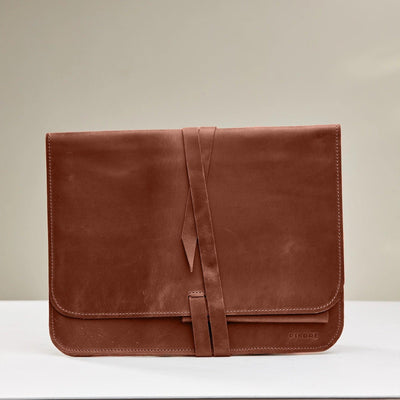 Brown Leather MacBook Sleeve with Tie Closure - Pikore