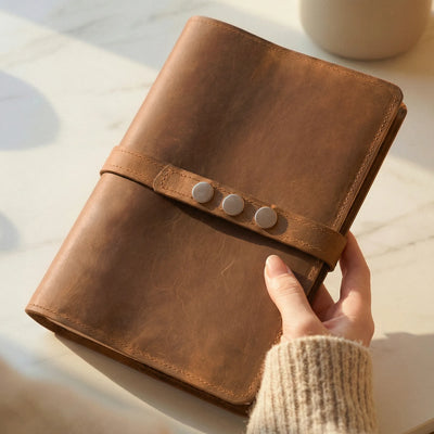 Brown leather notebook with button closure held by a hand on a light surface.