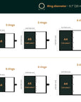 Diagram showing different ring sizes and their corresponding dimensions for A6, A5, and US Letter paper sizes.