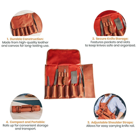 Leather Canvas Chef Knife Roll for cooking - Pikore