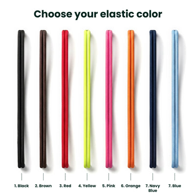 A color selection graphic showing seven elastic bands labeled 1. Black, 2.