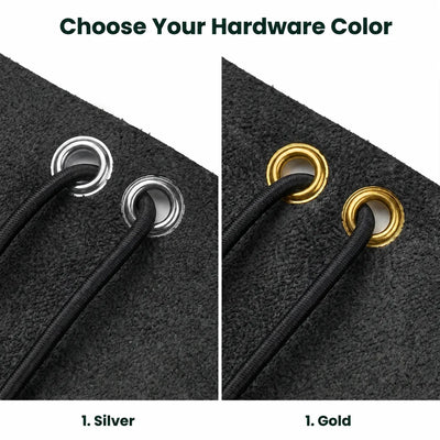 Close-up comparison of black drawstrings threaded through metal grommets, labeled 'Choose Your Hardware Color' with options '1. Silver' and '1.