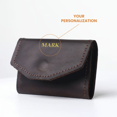 Brown leather wallet with 'Your Personalization Mark' text on a white background
