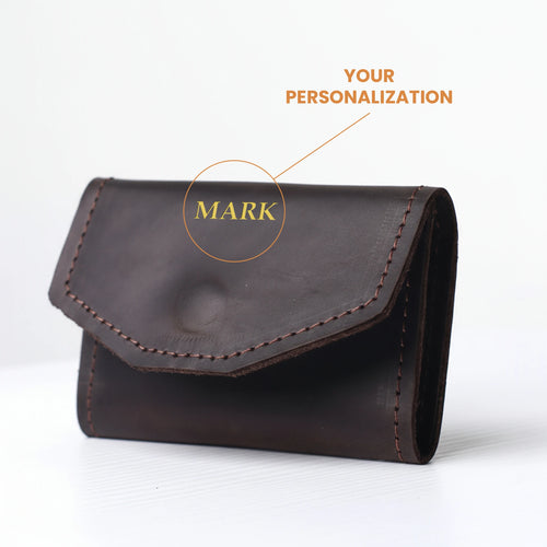 Brown leather wallet with 'Your Personalization Mark' text on a white background