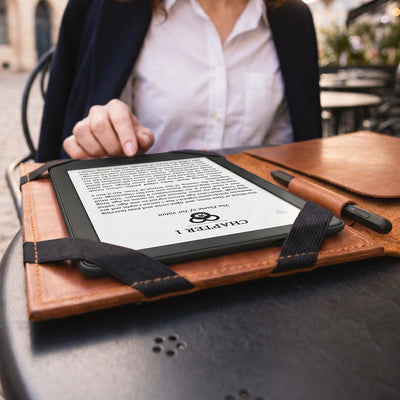 A person seated at an outdoor cafe uses a black e-reader with a tan leather folio case and a matching stylus. The e-reader screen shows a book page with the visible brand/title text 'CHAPTER 1' and 'THE STORY OF THE SAID.