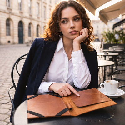 A woman in a white shirt and navy blazer sits at an outdoor cafe table with a brown leather folder in front of her. The background shows a blurred cobblestone street and cafe seating.