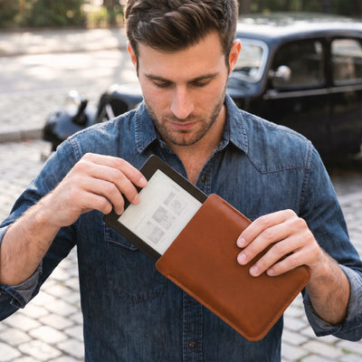 Personalized leather Kobo eReader sleeve with durable stitching and minimalist style.