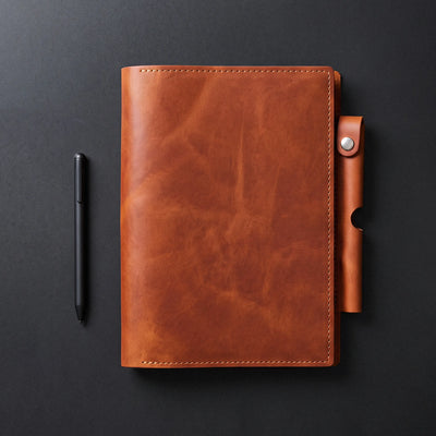 A brown leather planner cover with a snap-button strap closure, shown flat on a dark gray background next to a black pen.