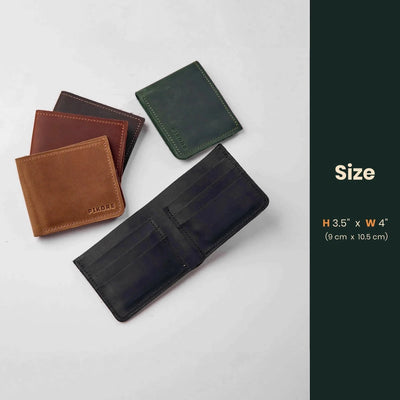 Four leather bifold wallets in brown, tan, green, and black are arranged on a light gray background with a dark green text panel on the right showing size information.