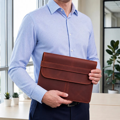 A man in a light blue button-down shirt holds a brown leather document pouch or laptop sleeve in an office setting.
