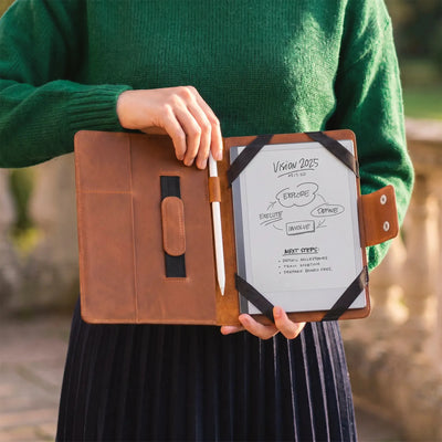 A person in a green sweater holds an open brown leather planner or notebook cover. The cover has black ribbon-like straps, a pocket with a brown tab, and a white sheet inserted with handwritten notes and a pen.