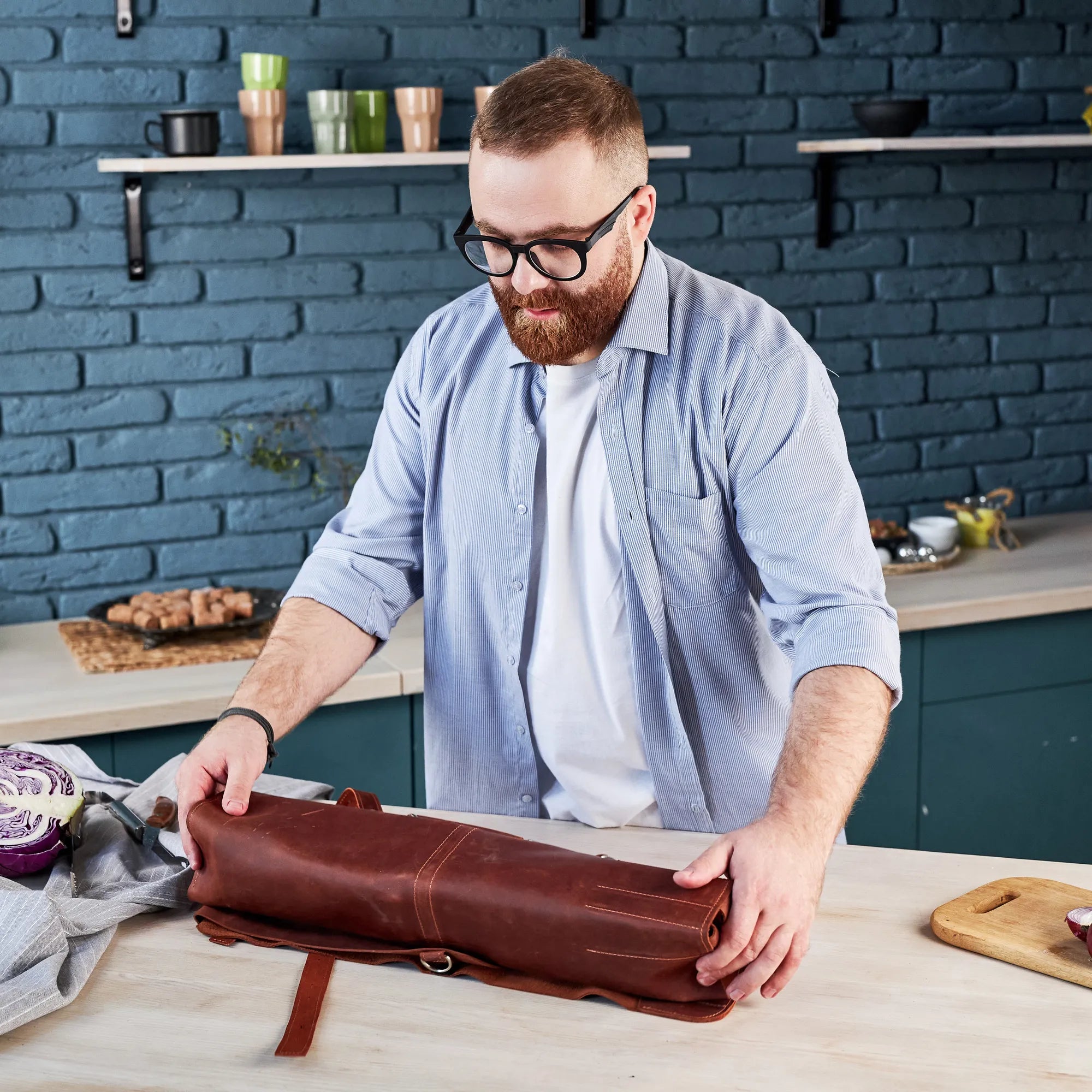 Leather BBQ Knife Roll Bag (6 slots)