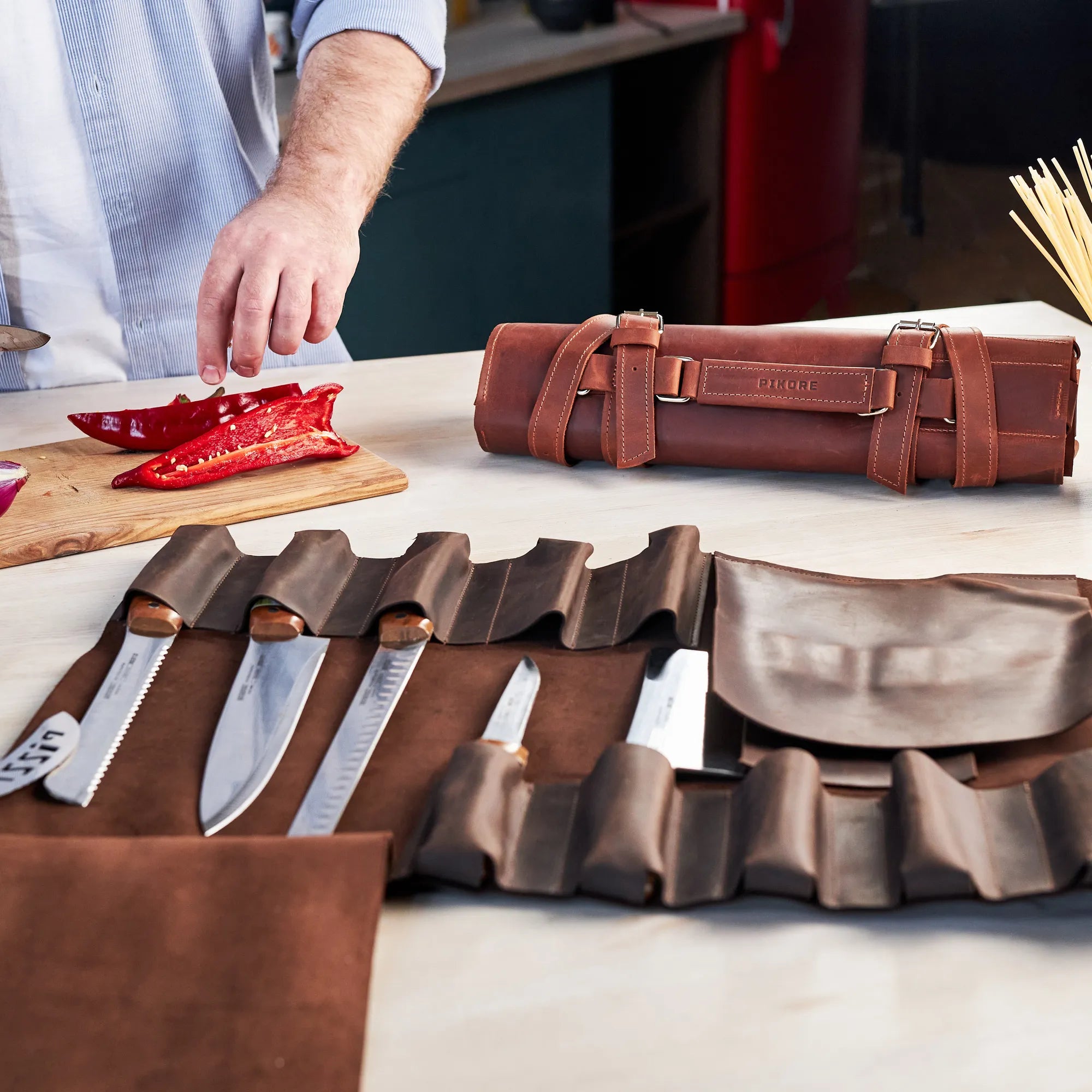 8-Slot Leather Chef Knife Carrier