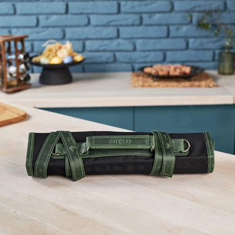 Leather Canvas Chef Knife Roll for cooking - Pikore