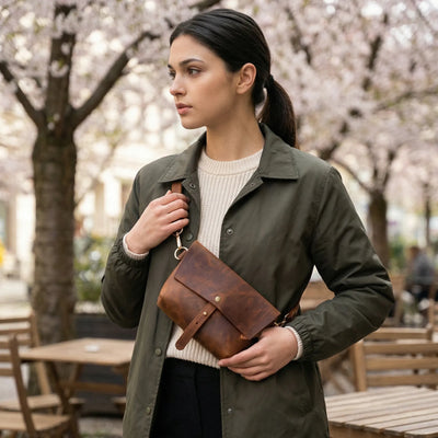 Woman holding a brown leather bag outdoors with cherry blossom trees in the background