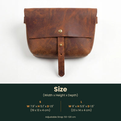 Brown leather bag with size chart on a white background