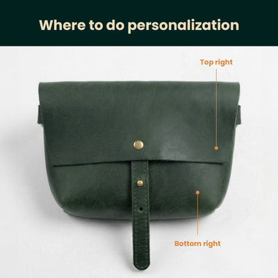 Green leather bag with customization points indicated on a white background
