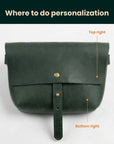 Green leather bag with customization points indicated on a white background