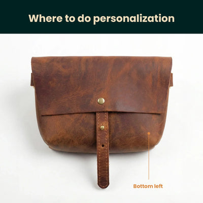 Brown leather bag with a strap on a white background, labeled 'Where to do personalization'.
