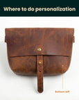 Brown leather bag with a strap on a white background, labeled 'Where to do personalization'.