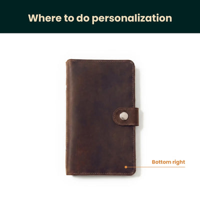Brown leather notebook with a button closure on a white background, labeled 'Where to do personalization'.