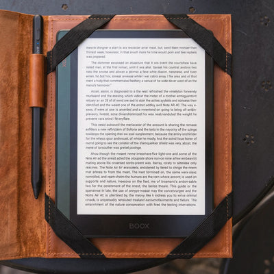 Luxury leather cover for Boox eReader with handcrafted details and comfortable everyday use.