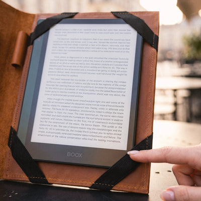 Handmade genuine leather Boox eReader case with premium craftsmanship and elegant minimalist design.