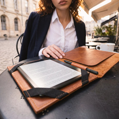 A woman seated at an outdoor cafe table uses a brown leather folio case with a black strap to hold an e-reader and a pen. The background shows a blurred street scene with buildings and cafe seating.