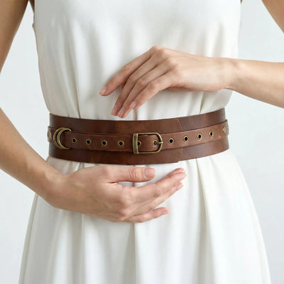 wide brown belt for dress Women Fashion Elastic Belt Stretch Wide Brown Band Big Gold Metal Hook Buckle Size L XL at Amazon Women's Clothing store