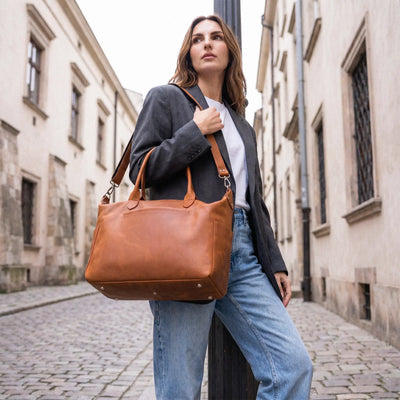 Woman holding a brown leather bag on a cobblestone street.
