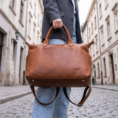 Person holding a brown leather duffel bag on a cobblestone street.