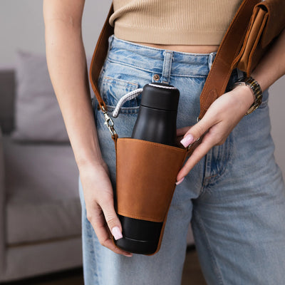 best crossbody bag for travel with water bottle holder Water Bottle Crossbody Bag - Leather Bottle Carrier