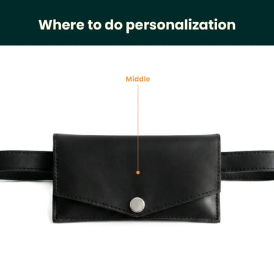 Black belt bag with a button on a white background, indicating where to do personalization.