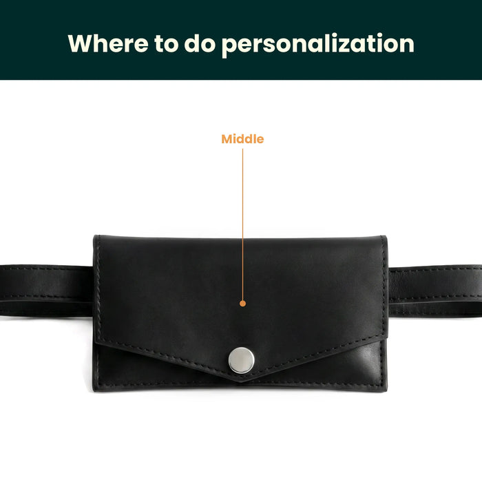 Black belt bag with a button on a white background, indicating where to do personalization.
