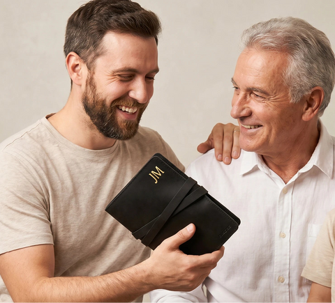 Three generations of men, including a father, son, and grandfather, holding a black leather-bound book against a plain background.
