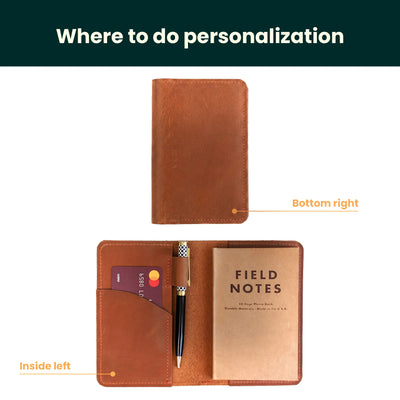 Brown leather wallet with card holder and notebook, showing areas for personalization.