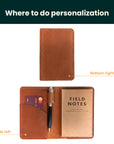 Brown leather wallet with card holder and notebook, showing areas for personalization.